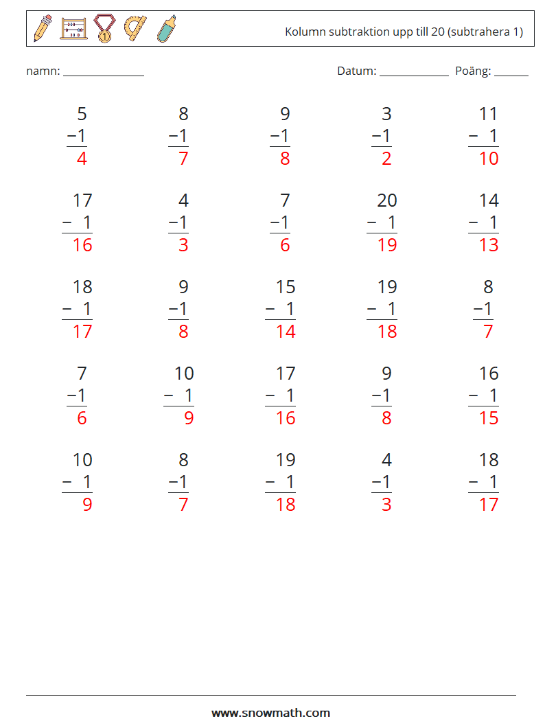 (25) Kolumn subtraktion upp till 20 (subtrahera 1) Matematiska arbetsblad 10 Fråga, svar