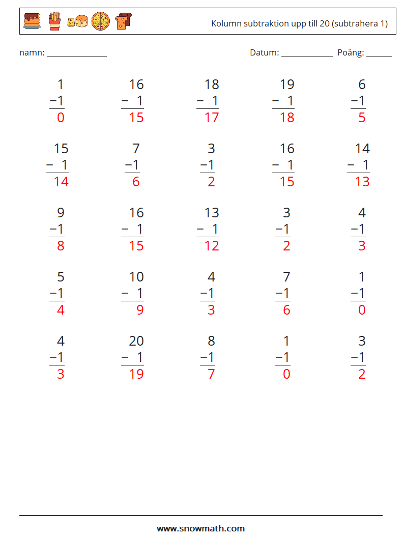 (25) Kolumn subtraktion upp till 20 (subtrahera 1) Matematiska arbetsblad 12 Fråga, svar