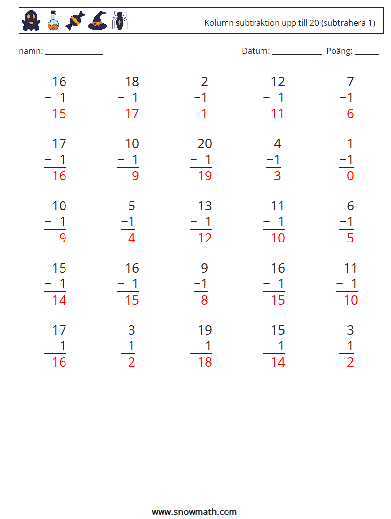 (25) Kolumn subtraktion upp till 20 (subtrahera 1) Matematiska arbetsblad 15 Fråga, svar