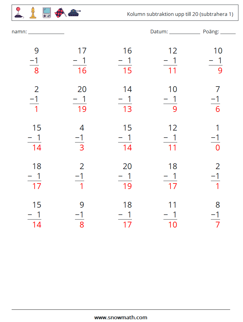 (25) Kolumn subtraktion upp till 20 (subtrahera 1) Matematiska arbetsblad 18 Fråga, svar