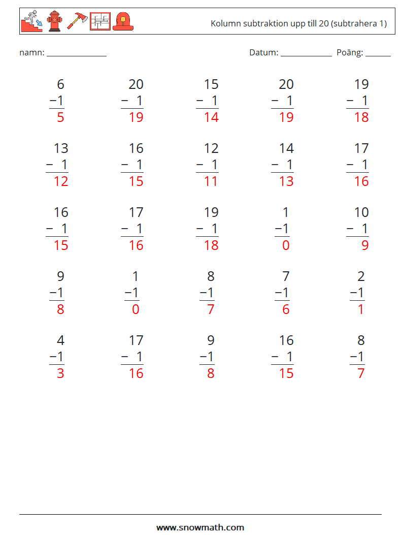 (25) Kolumn subtraktion upp till 20 (subtrahera 1) Matematiska arbetsblad 1 Fråga, svar