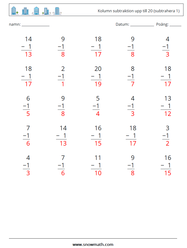 (25) Kolumn subtraktion upp till 20 (subtrahera 1) Matematiska arbetsblad 3 Fråga, svar