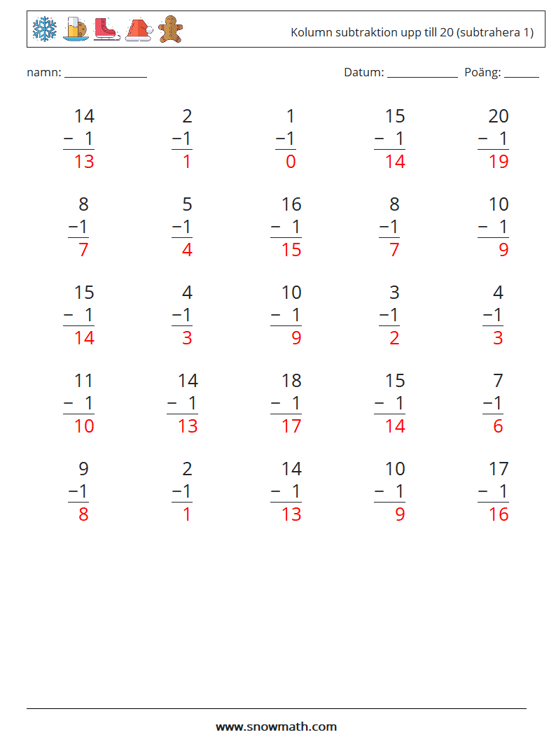 (25) Kolumn subtraktion upp till 20 (subtrahera 1) Matematiska arbetsblad 4 Fråga, svar