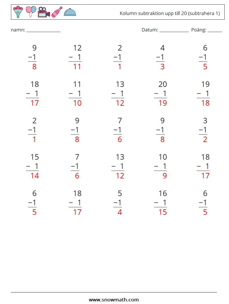 (25) Kolumn subtraktion upp till 20 (subtrahera 1) Matematiska arbetsblad 5 Fråga, svar