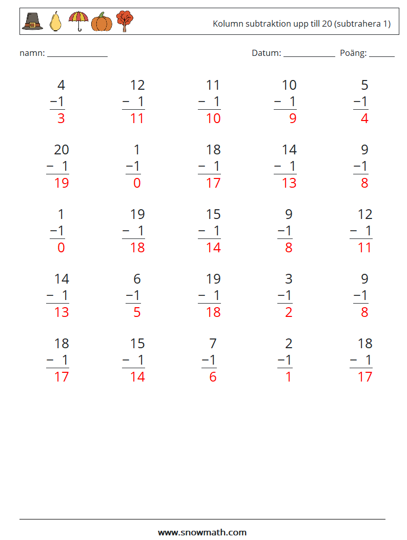 (25) Kolumn subtraktion upp till 20 (subtrahera 1) Matematiska arbetsblad 6 Fråga, svar