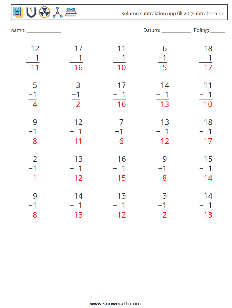 (25) Kolumn subtraktion upp till 20 (subtrahera 1) Matematiska arbetsblad 7 Fråga, svar