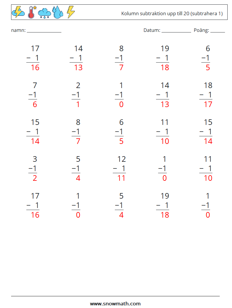 (25) Kolumn subtraktion upp till 20 (subtrahera 1) Matematiska arbetsblad 8 Fråga, svar