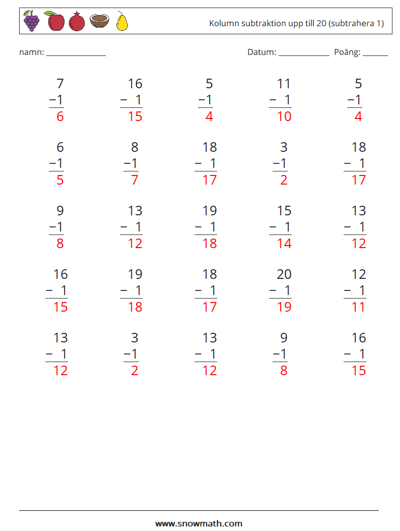 (25) Kolumn subtraktion upp till 20 (subtrahera 1) Matematiska arbetsblad 9 Fråga, svar