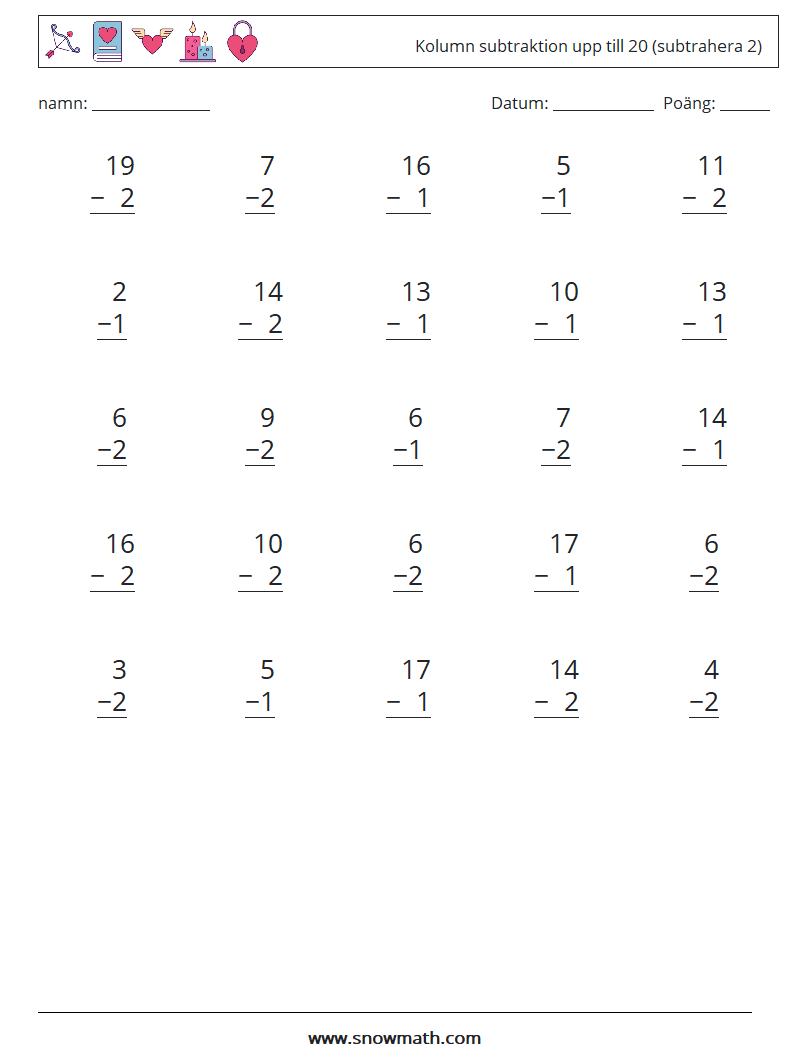 (25) Kolumn subtraktion upp till 20 (subtrahera 2)