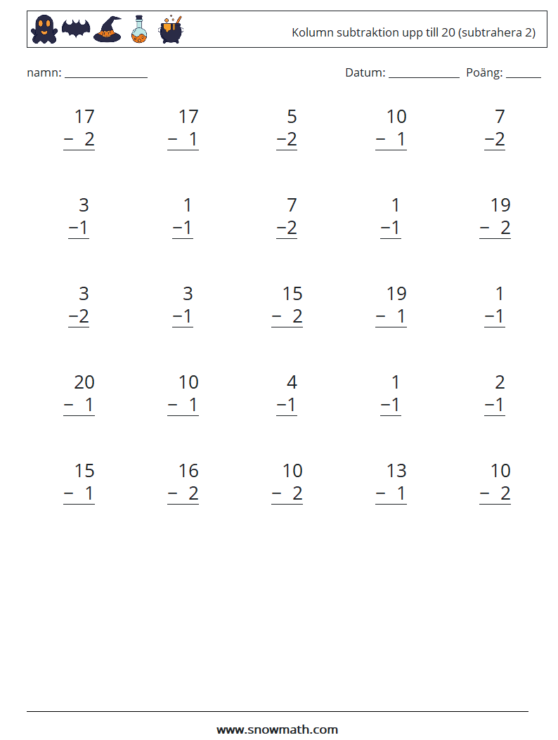 (25) Kolumn subtraktion upp till 20 (subtrahera 2) Matematiska arbetsblad 10