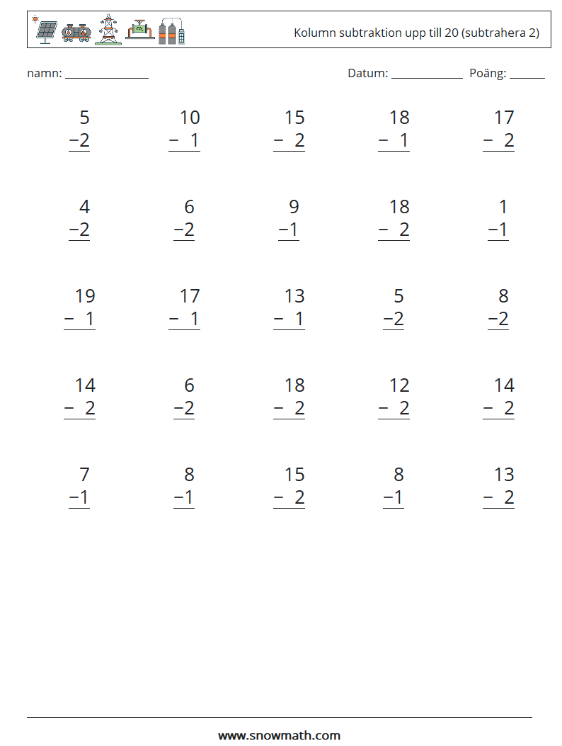 (25) Kolumn subtraktion upp till 20 (subtrahera 2) Matematiska arbetsblad 11