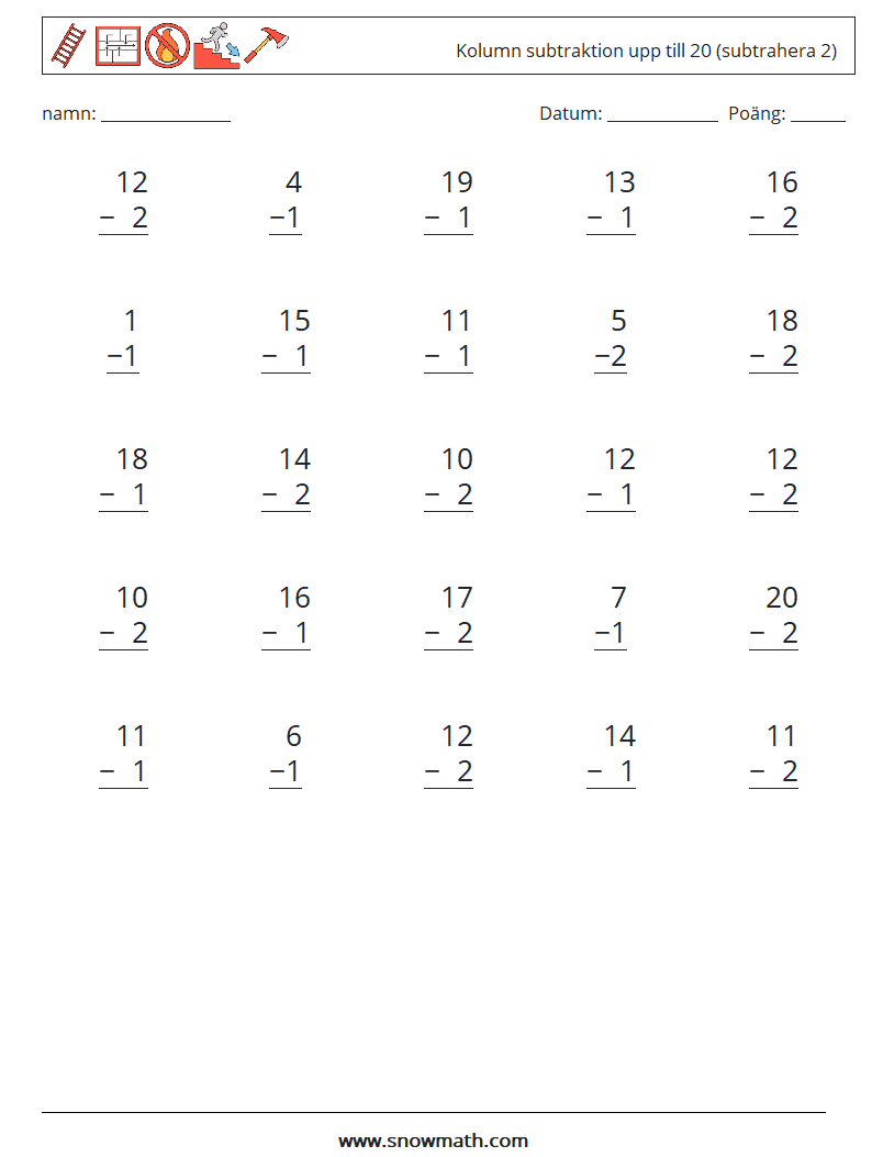 (25) Kolumn subtraktion upp till 20 (subtrahera 2) Matematiska arbetsblad 12