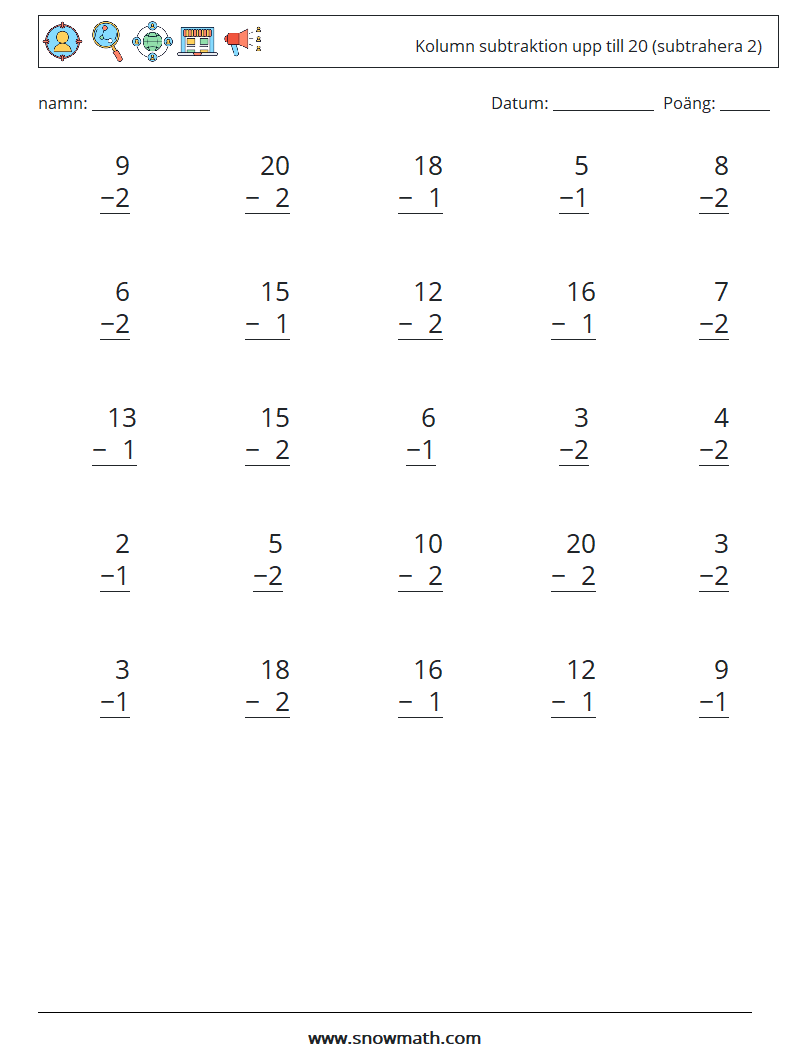(25) Kolumn subtraktion upp till 20 (subtrahera 2) Matematiska arbetsblad 13