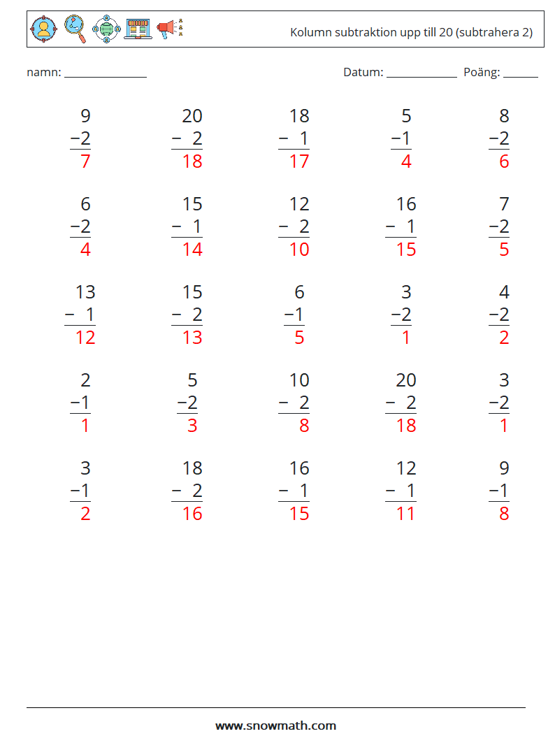 (25) Kolumn subtraktion upp till 20 (subtrahera 2) Matematiska arbetsblad 13 Fråga, svar