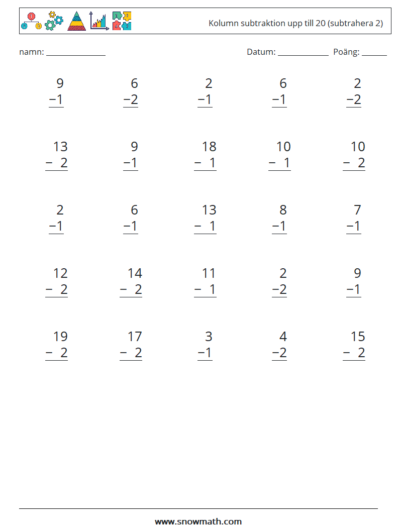 (25) Kolumn subtraktion upp till 20 (subtrahera 2) Matematiska arbetsblad 14