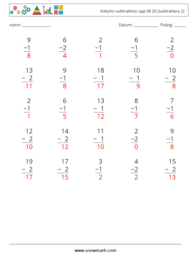 (25) Kolumn subtraktion upp till 20 (subtrahera 2) Matematiska arbetsblad 14 Fråga, svar