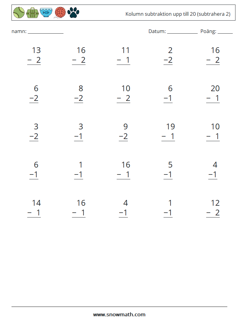 (25) Kolumn subtraktion upp till 20 (subtrahera 2) Matematiska arbetsblad 15