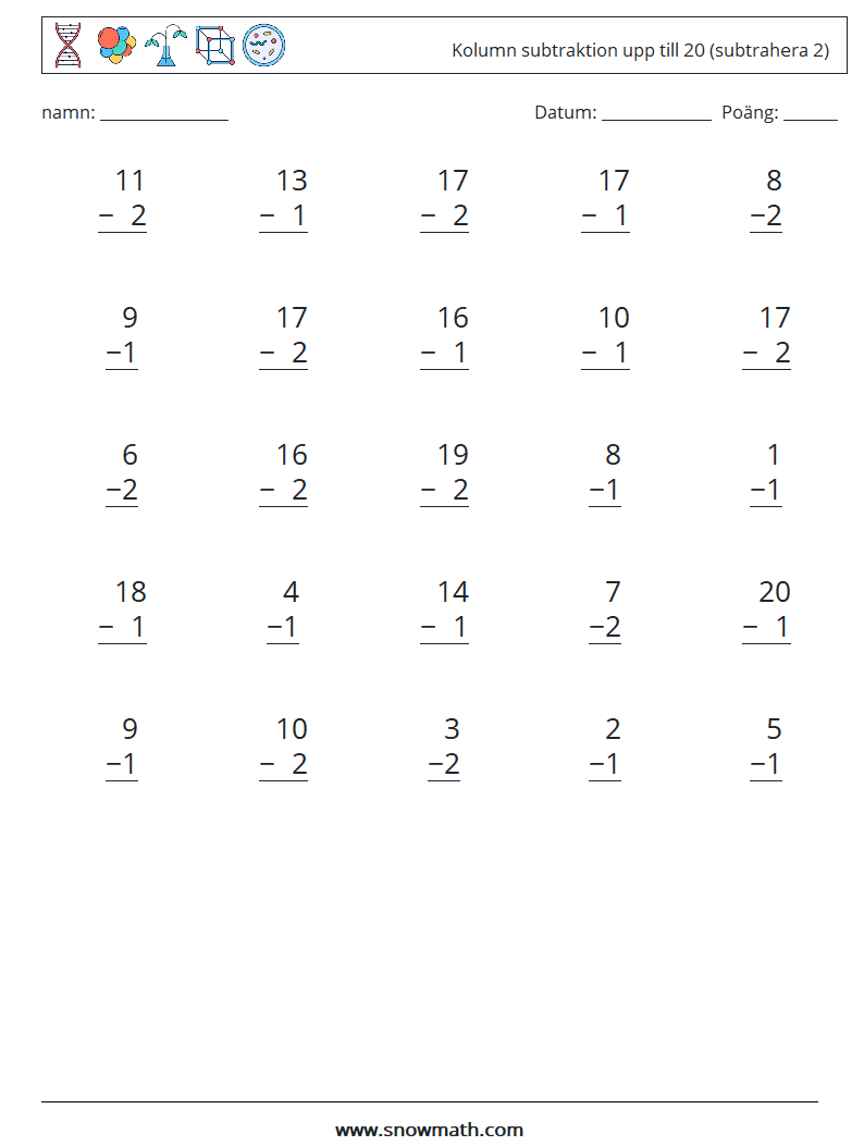 (25) Kolumn subtraktion upp till 20 (subtrahera 2) Matematiska arbetsblad 16