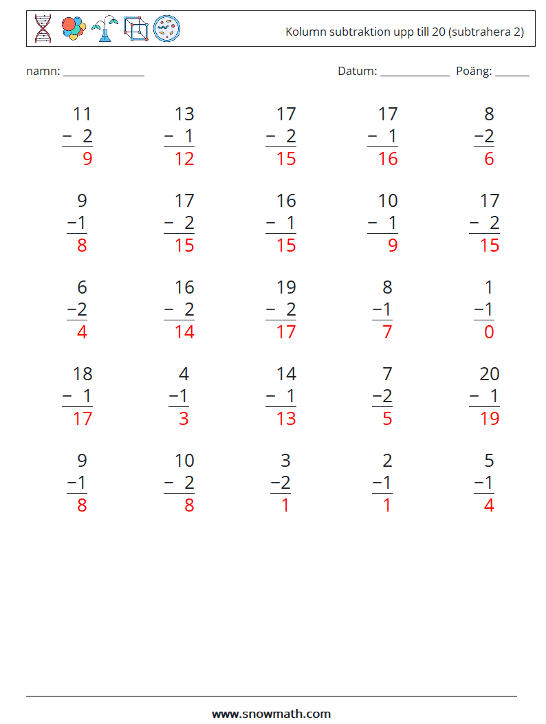 (25) Kolumn subtraktion upp till 20 (subtrahera 2) Matematiska arbetsblad 16 Fråga, svar