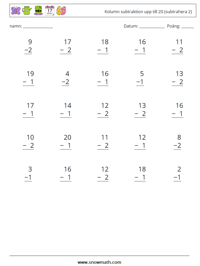 (25) Kolumn subtraktion upp till 20 (subtrahera 2) Matematiska arbetsblad 17