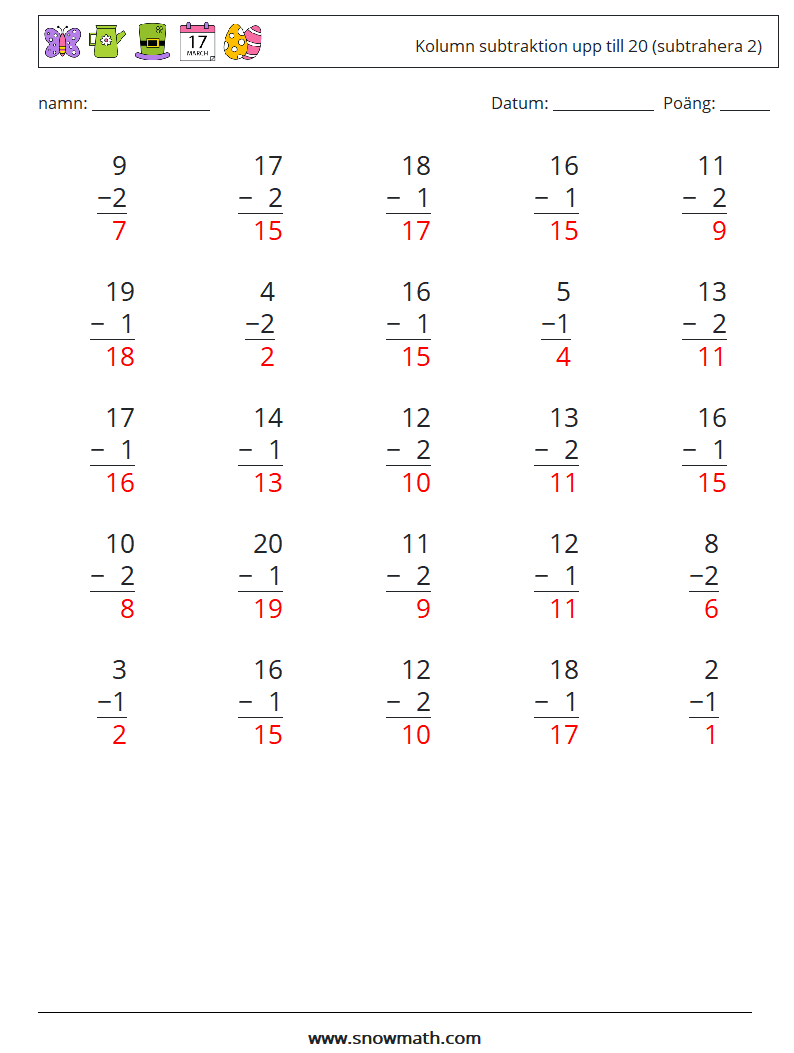 (25) Kolumn subtraktion upp till 20 (subtrahera 2) Matematiska arbetsblad 17 Fråga, svar