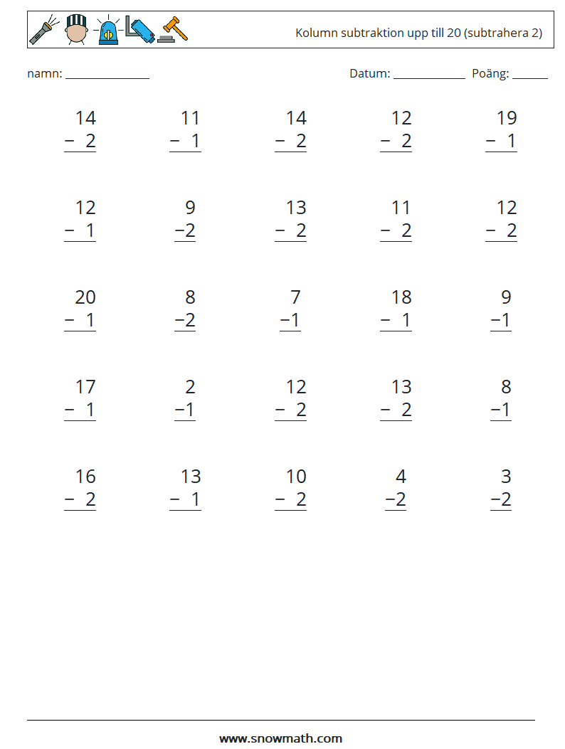 (25) Kolumn subtraktion upp till 20 (subtrahera 2) Matematiska arbetsblad 18