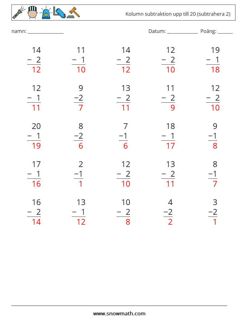 (25) Kolumn subtraktion upp till 20 (subtrahera 2) Matematiska arbetsblad 18 Fråga, svar