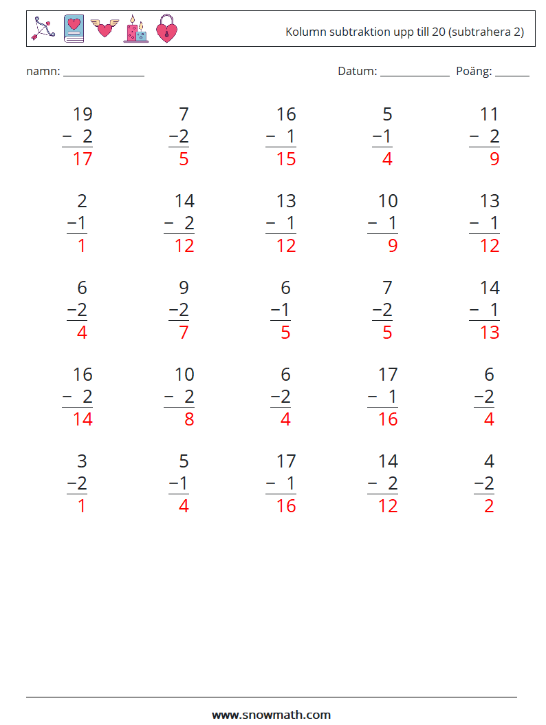 (25) Kolumn subtraktion upp till 20 (subtrahera 2) Matematiska arbetsblad 1 Fråga, svar