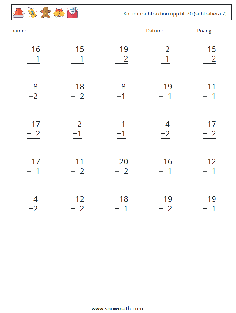 (25) Kolumn subtraktion upp till 20 (subtrahera 2) Matematiska arbetsblad 2