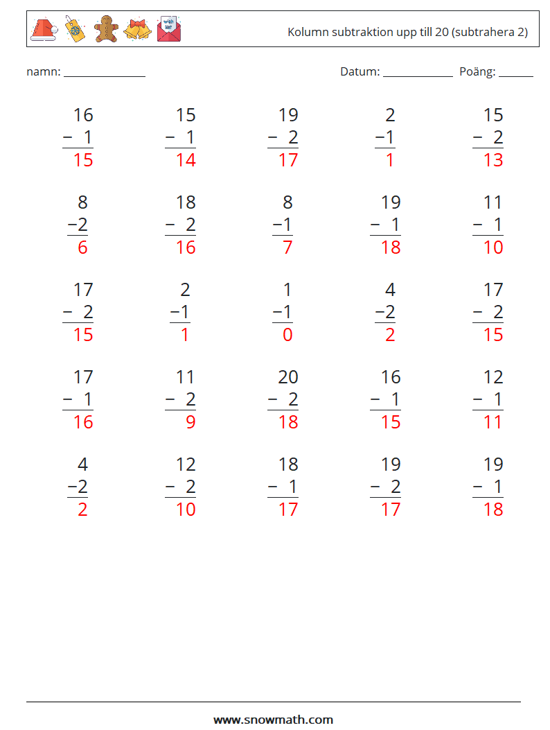 (25) Kolumn subtraktion upp till 20 (subtrahera 2) Matematiska arbetsblad 2 Fråga, svar