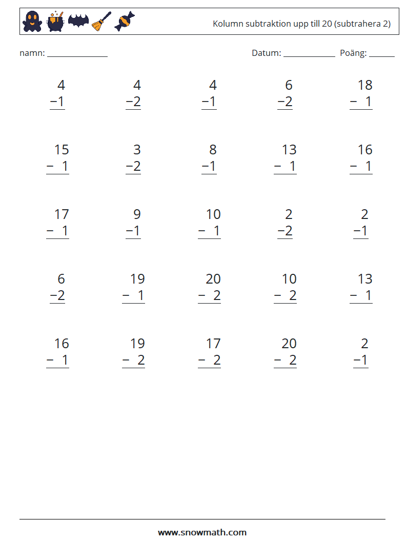 (25) Kolumn subtraktion upp till 20 (subtrahera 2) Matematiska arbetsblad 3