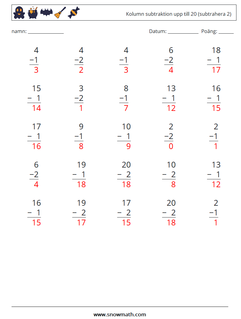 (25) Kolumn subtraktion upp till 20 (subtrahera 2) Matematiska arbetsblad 3 Fråga, svar