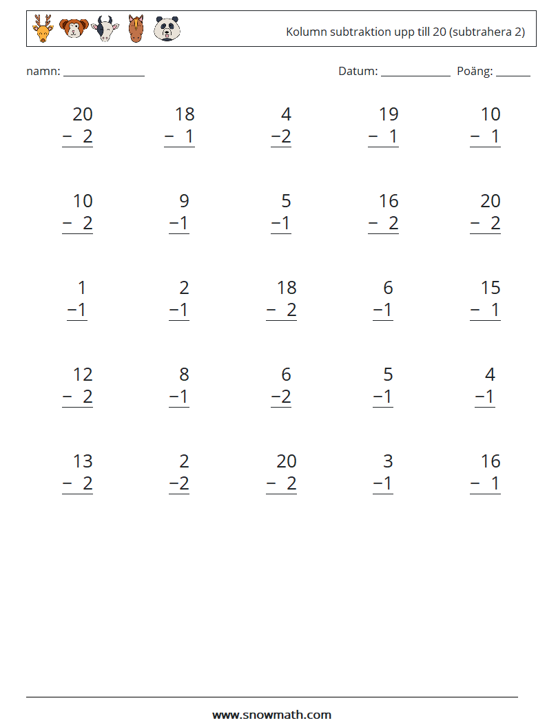 (25) Kolumn subtraktion upp till 20 (subtrahera 2) Matematiska arbetsblad 4