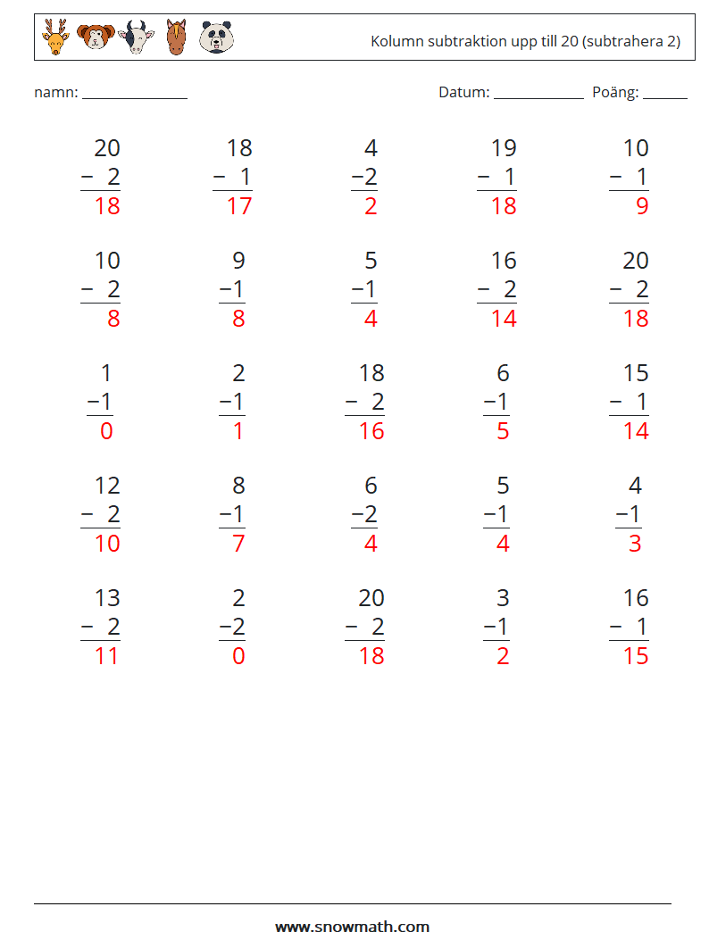 (25) Kolumn subtraktion upp till 20 (subtrahera 2) Matematiska arbetsblad 4 Fråga, svar
