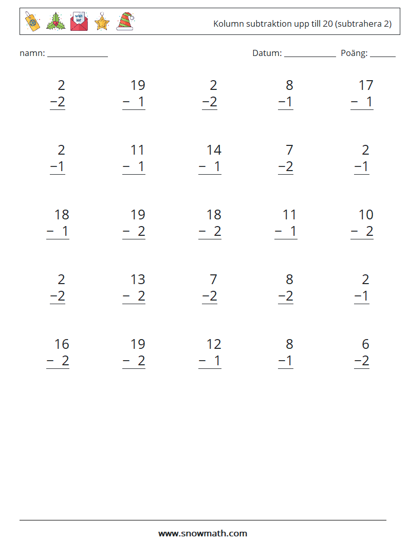 (25) Kolumn subtraktion upp till 20 (subtrahera 2) Matematiska arbetsblad 5