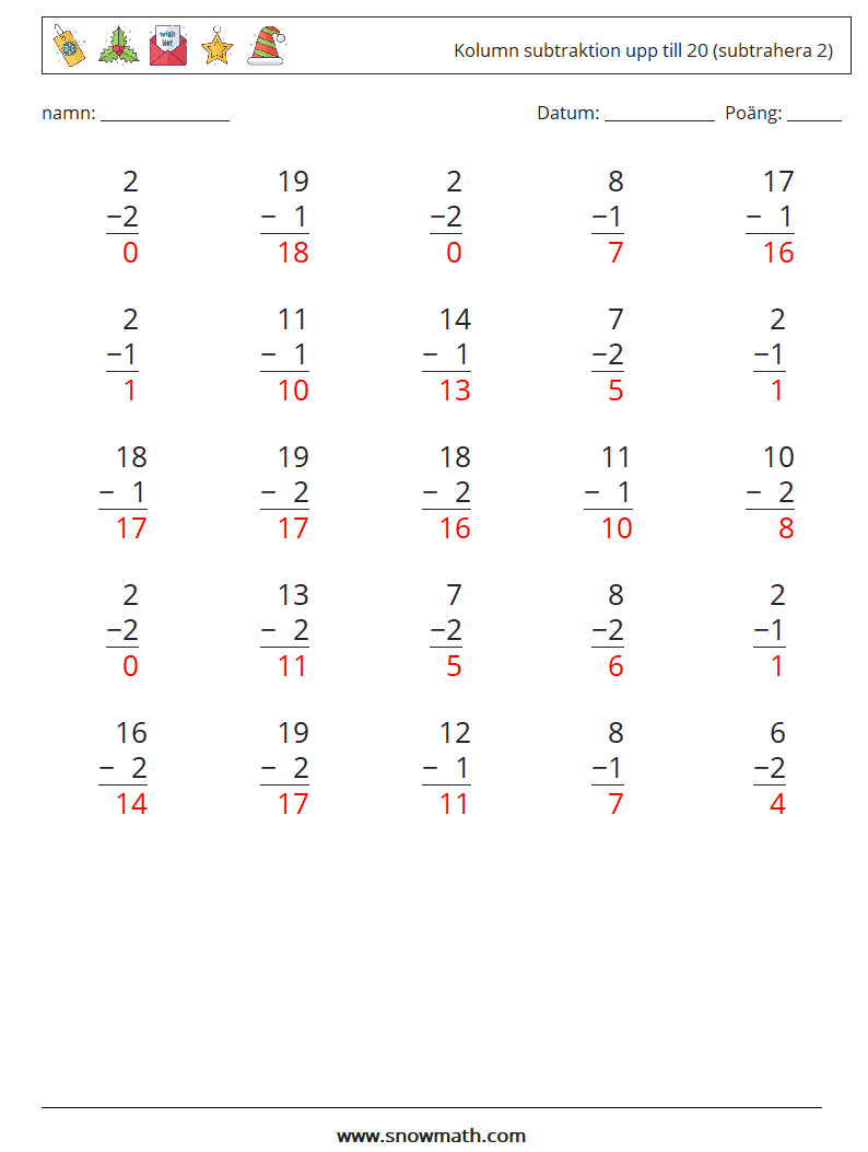 (25) Kolumn subtraktion upp till 20 (subtrahera 2) Matematiska arbetsblad 5 Fråga, svar