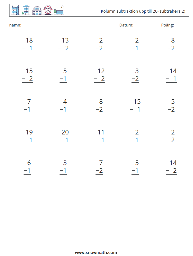 (25) Kolumn subtraktion upp till 20 (subtrahera 2) Matematiska arbetsblad 6
