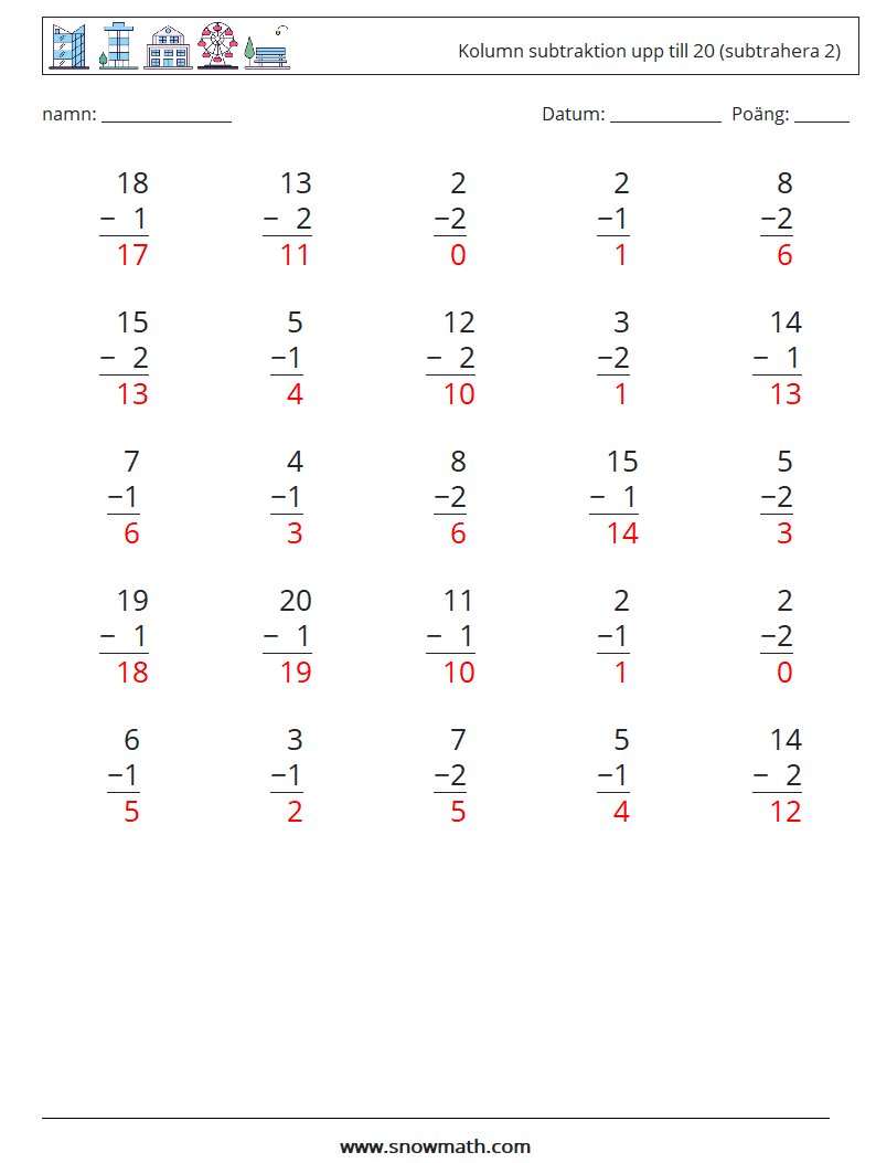 (25) Kolumn subtraktion upp till 20 (subtrahera 2) Matematiska arbetsblad 6 Fråga, svar