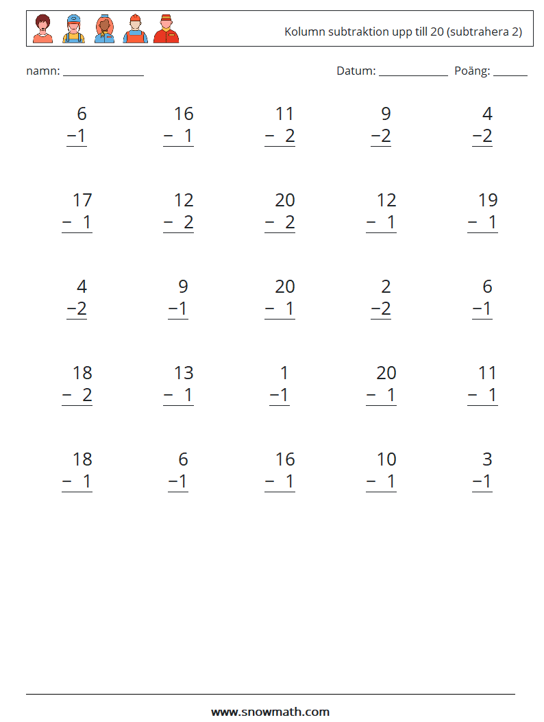 (25) Kolumn subtraktion upp till 20 (subtrahera 2) Matematiska arbetsblad 7