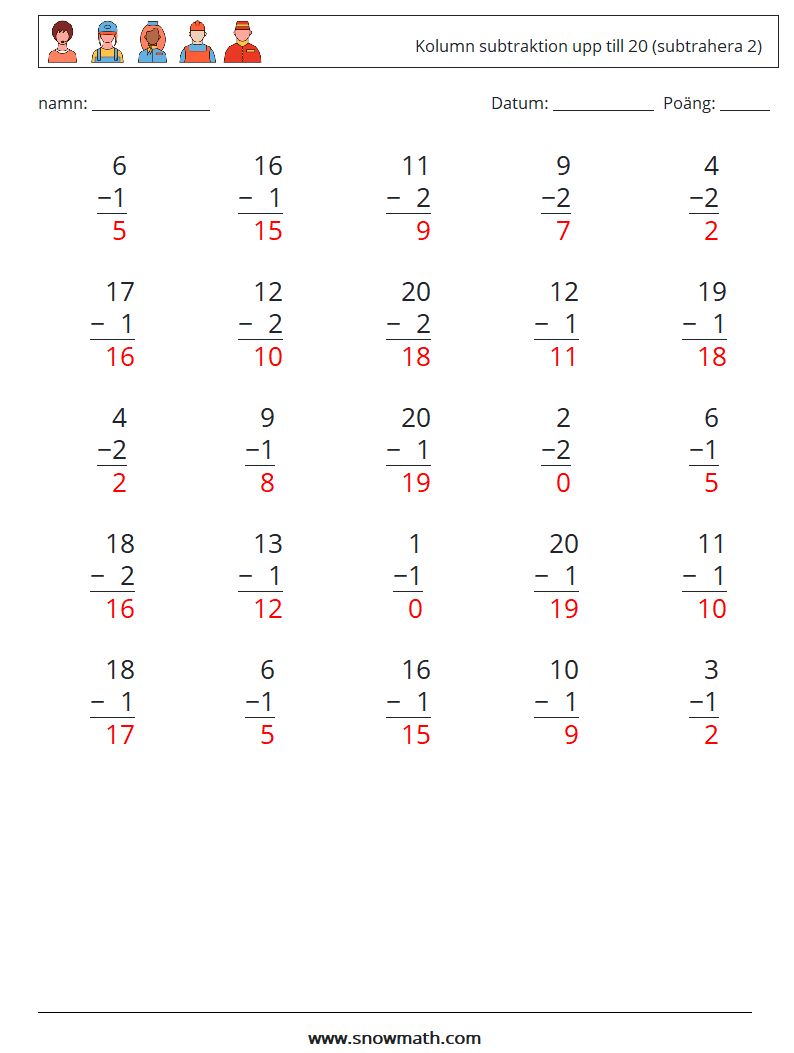 (25) Kolumn subtraktion upp till 20 (subtrahera 2) Matematiska arbetsblad 7 Fråga, svar