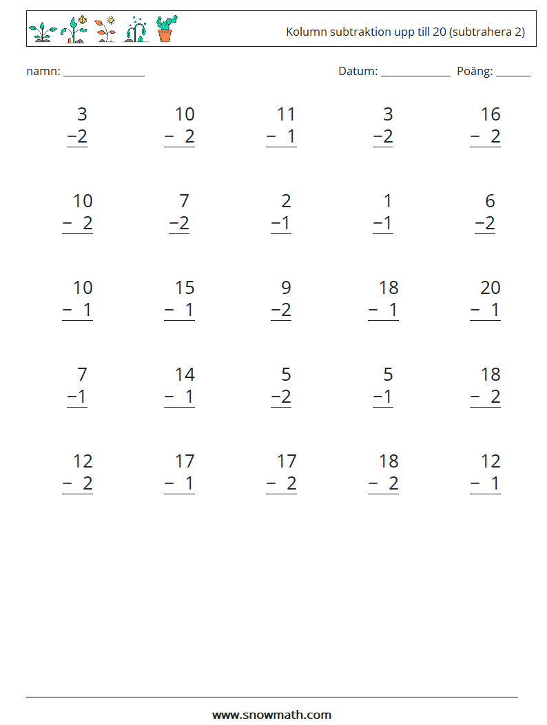 (25) Kolumn subtraktion upp till 20 (subtrahera 2) Matematiska arbetsblad 8