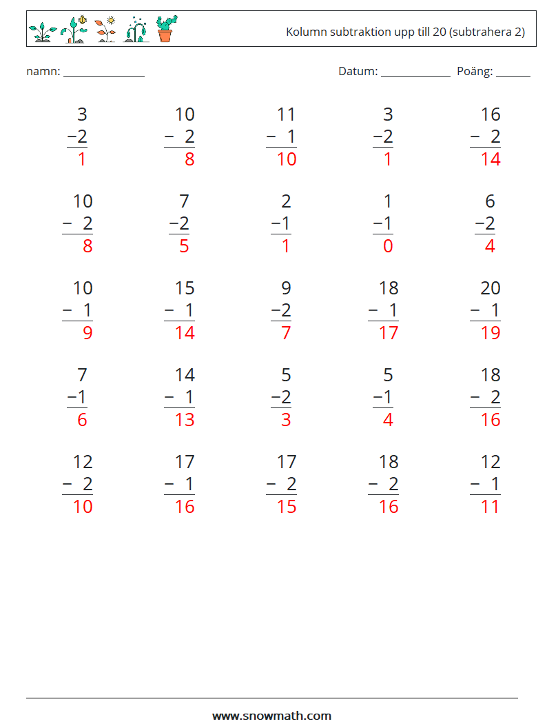 (25) Kolumn subtraktion upp till 20 (subtrahera 2) Matematiska arbetsblad 8 Fråga, svar