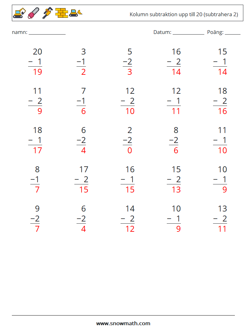 (25) Kolumn subtraktion upp till 20 (subtrahera 2) Matematiska arbetsblad 9 Fråga, svar