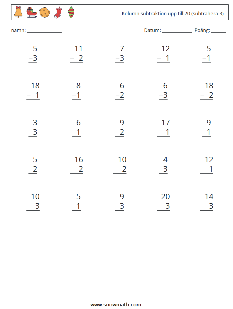 (25) Kolumn subtraktion upp till 20 (subtrahera 3)