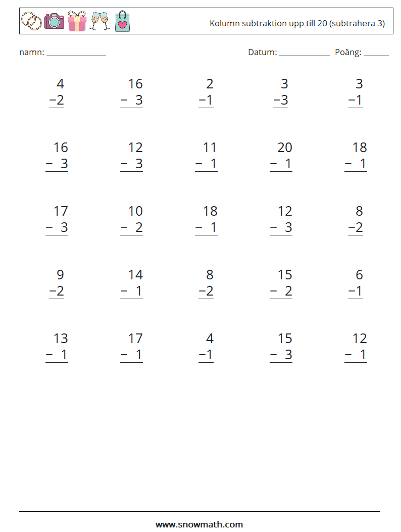 (25) Kolumn subtraktion upp till 20 (subtrahera 3) Matematiska arbetsblad 10