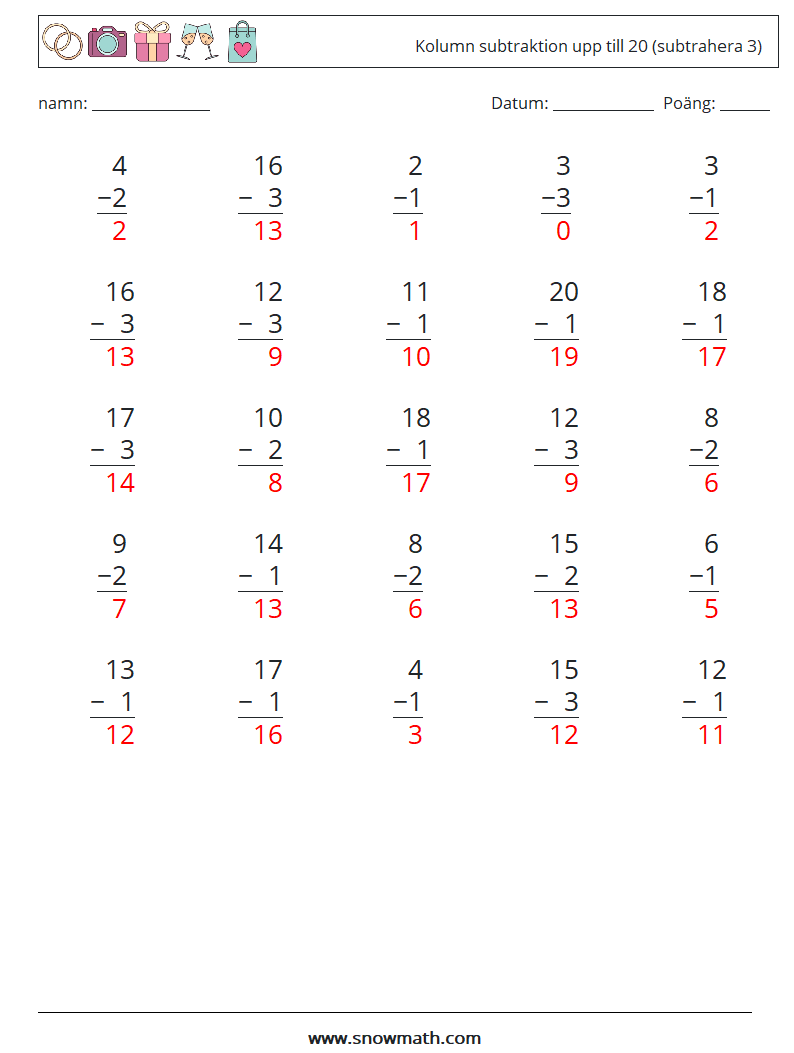 (25) Kolumn subtraktion upp till 20 (subtrahera 3) Matematiska arbetsblad 10 Fråga, svar