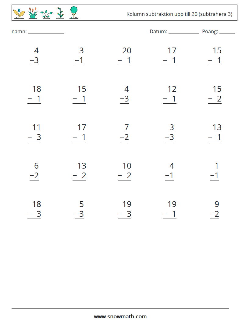 (25) Kolumn subtraktion upp till 20 (subtrahera 3) Matematiska arbetsblad 11