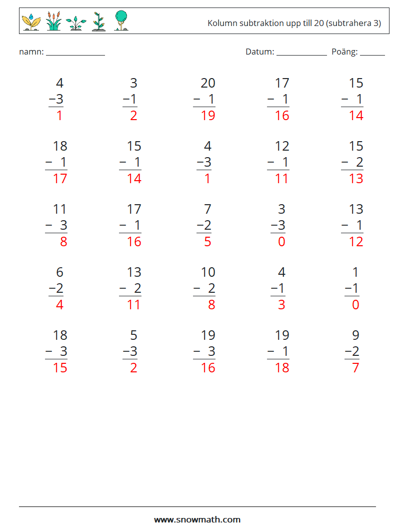 (25) Kolumn subtraktion upp till 20 (subtrahera 3) Matematiska arbetsblad 11 Fråga, svar