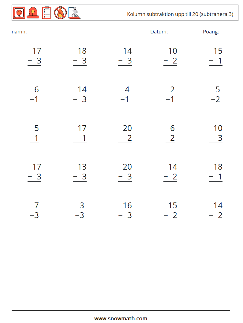 (25) Kolumn subtraktion upp till 20 (subtrahera 3) Matematiska arbetsblad 12
