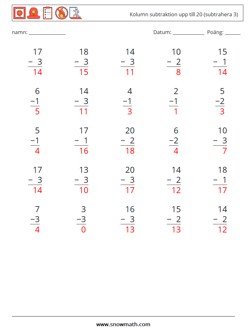 (25) Kolumn subtraktion upp till 20 (subtrahera 3) Matematiska arbetsblad 12 Fråga, svar
